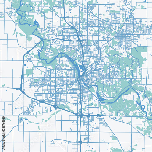 Map of Cedar Rapids in Iowa in a professional blue style. Contains layered vector with roads water, parks, etc.