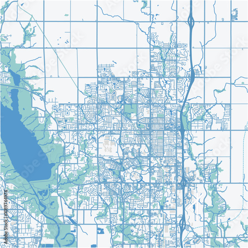 Map of Ankeny in Iowa in a professional blue style. Contains layered vector with roads water, parks, etc.