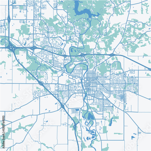 Map of Iowa City in Iowa in a professional blue style. Contains layered vector with roads water, parks, etc.