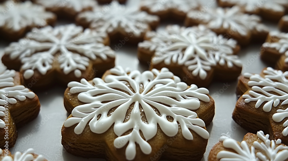 Fototapeta premium A close-up of intricately decorated snowflake gingerbread cookies, each featuring delicate white icing patterns