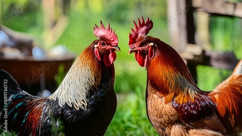 Two Roosters Facing Each Other Outdoors photo