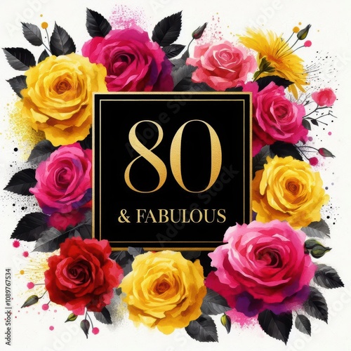 A colorful floral design celebrating 80 years of fabulousness with vibrant blooms. photo