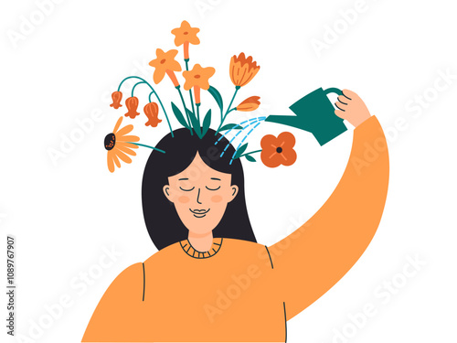 Woman watering flowers on her head with watering can. Healthy mentality, relax, self care, positive thinking, acceptance, happiness, good mood, mental health, therapy