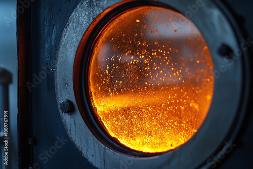 Thermal decomposition process with glowing orange biomass visible through observation window. photo