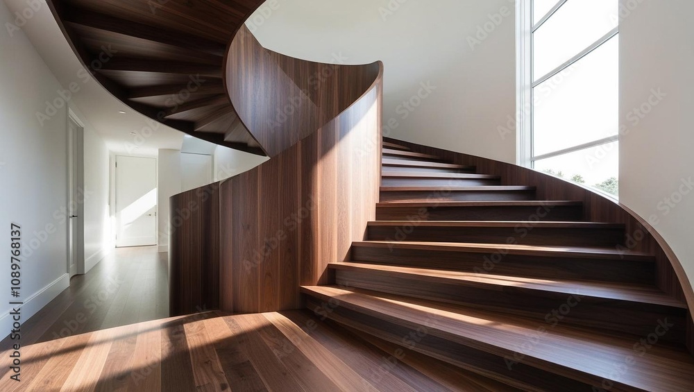 Fototapeta premium Seamless wooden staircase in luxury home showcasing flawless custom carpentry, highlighting elegant architecture and design