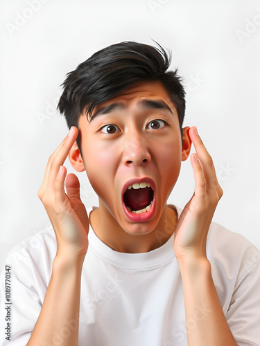 A young asian looking very disgusted, reacting to a cringe inducing situation. Feeling repulsed and grossed out. Isolated on a white backdrop. photo