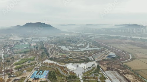 Drone View of Sejong City in South Korea, Park, Autumn, 60fps photo