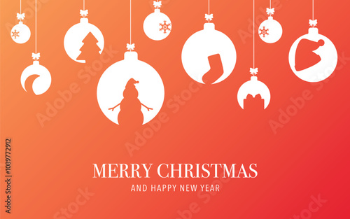 Orange and yellow Merry Christmas card with white Christmas tree toys for greeting