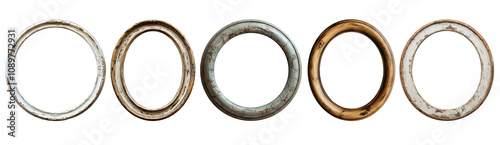 A set of rustic, vintage metal circles in different shades, resonating with antique vibes and industrial charm, lovely decor elements. photo