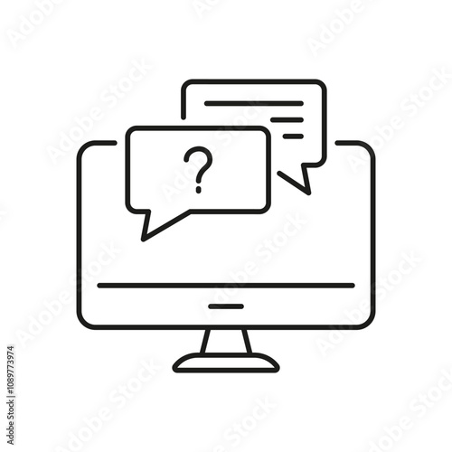 Desktop Computer with Message Speech Bubbles Line Icon. Online Support Outline Symbol. Help, Communication and Assistance. Editable Stroke. Isolated Vector Illustration