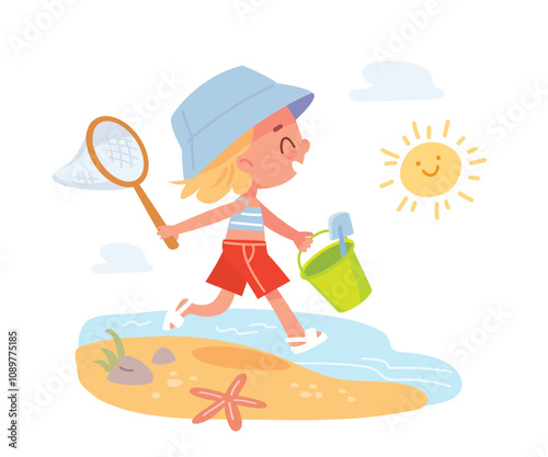 Blonde girl is relaxing at sea, walking along the seashore in a good mood, childrens summer vacation camp, summer school holidays, bright sun is shining, good weather, childhood memories photo