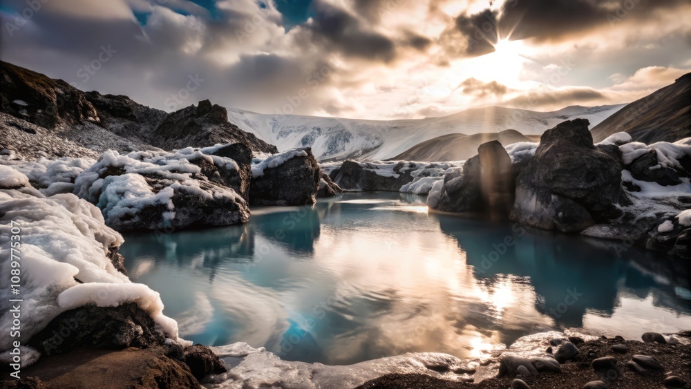 Fototapeta premium winter wellness vacation in geothermal springs in snowy volcanic landscape and blue lagoon, creating a stunning natural scenery with a tranquil ambiance, Iceland 