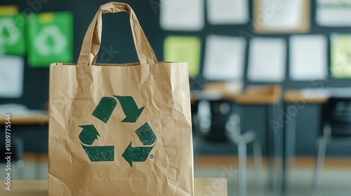 Paper bag with recycle logo in classroom promoting sustainability and eco-friendly practices among students and projects photo