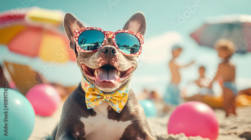 A Cheerful Dog Wearing Oversized Sunglasses and a Stylish Bow Tie Lounging on a Vibrant Beach Surrounded by Fun photo