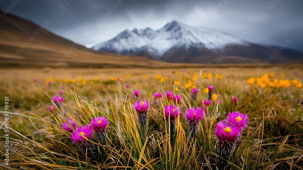 Obraz premium Wildflowers in front of a snow-capped mountain with a cloudy sky