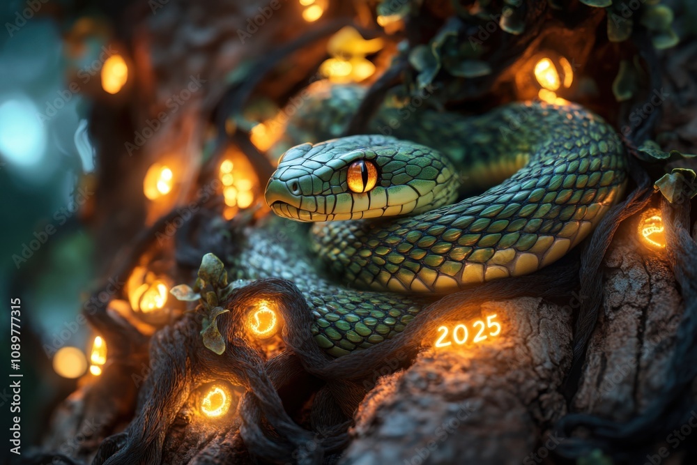 Fototapeta premium Snake that is sitting on a tree with lights, 2025 year