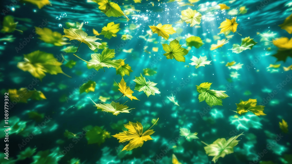 Floating Green and Yellow Leaves with Serenity Beneath Water Floating Green and Yellow Leaves with Serenity Beneath Water