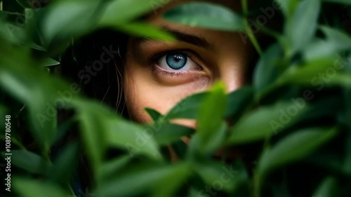 Video of woman eye peeping through lush green foliage with rain drops. Environment adventure psychology concept