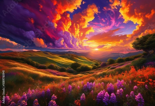 majestic cloud formations sunset illuminating vibrant landscape rich colors dynamic patterns, atmospheric, canvas, cloudscape, daylight, dusk, duskiness photo