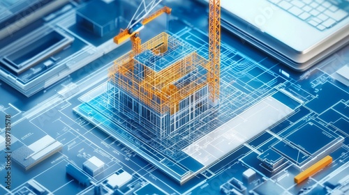 A website icon showing a building's design process using BIM (Building Information Modeling) software.  It includes building, information, modeling, and planning symbols.