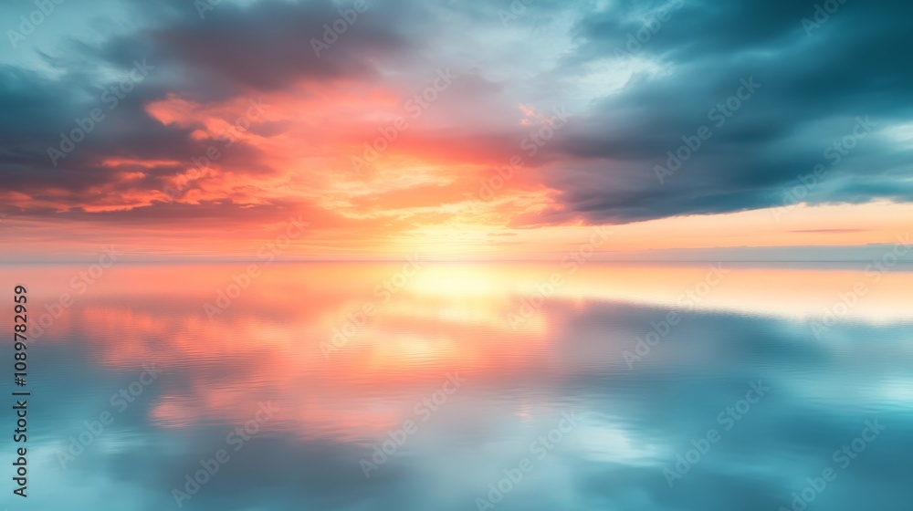 Fototapeta premium Beautiful colorful sunset sky with orange and pink dramatic clouds , sun rays over the ocean --ar 16:9 --style raw --v 6.1 Job ID: 7c55f24c-93fd-4fa2-a72e-7d51bd83c0e8
