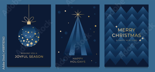 Merry Christmas and Happy New Year set of greeting cards. Template in trendy minimalist and elegant art style with Christmas tree, bauble and geometric pattern in gold and blue colors.