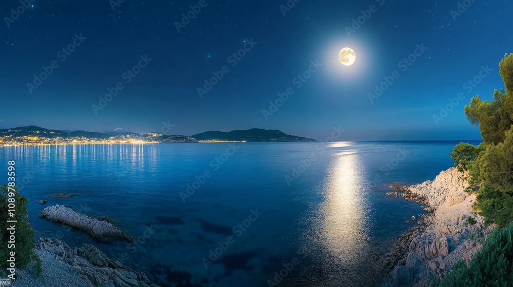 Fototapeta premium Picturesque panorama with full moon on the sea at night.