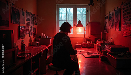 A person sits at a darkroom work table under a red safelight late at night, carefully handling photographic prints and materials. The room is dimly lit, with posters adorning the walls. photo