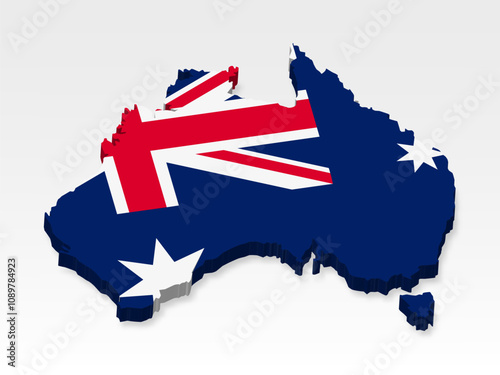 3D  Australia map with flag. Three dimensional map of France  with shadow. Flag of Australia on white background for your design, app, UI.  Stock vector. EPS10.