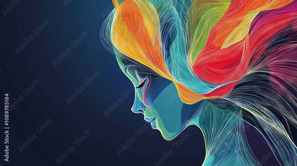 Obraz premium Digital portrait of a woman with colorful hair on a dark canvas