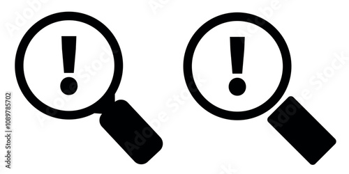 Magnifying glass and exclamation mark. Error warning icon. Business risk analysis symbol. Alert, error, alarm, danger.