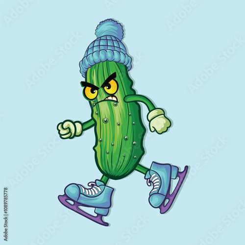 a winter pickle sking with angry expresion design.