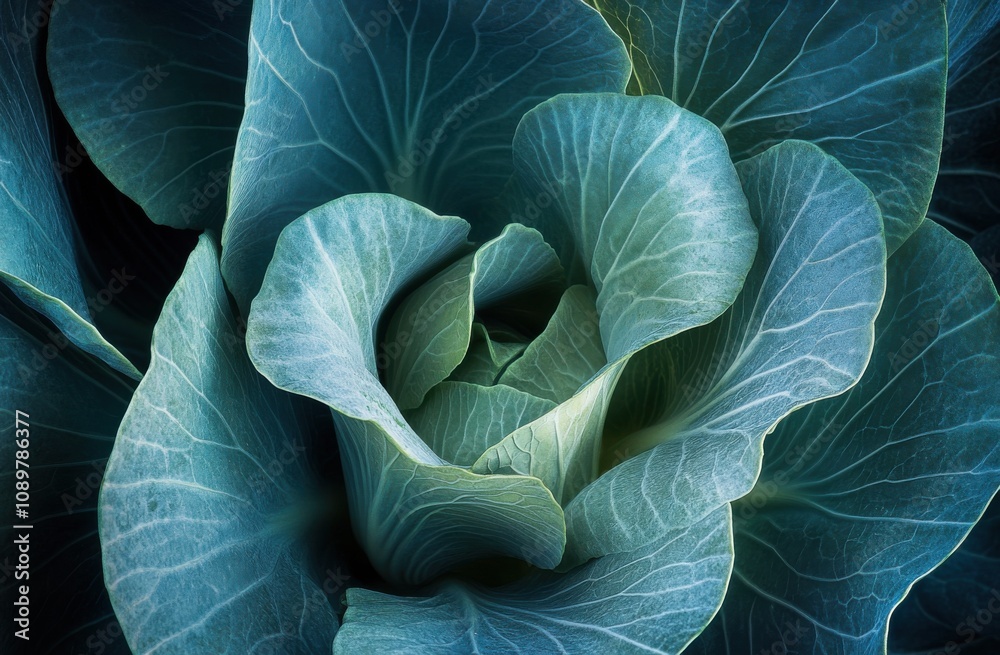 Obraz premium Close-up of an organic cabbage, focusing on the intricate patterns and textures in shades of blue-green.