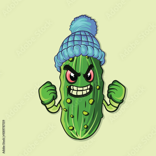 Winter hat angry pickle character illustration.