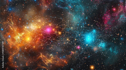 Illuminated digital network nodes overlay a vibrant cosmic background