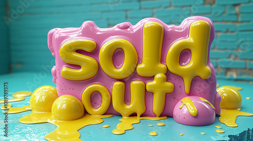 sold out, 3d text in the style of dripping liquid, pink and yellow
