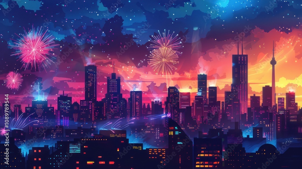 Obraz premium A vibrant cityscape silhouette with fireworks exploding in the night sky.