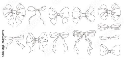 Set of sketched bow and ribbon. Hand drawn vintage line art vector illustration.
