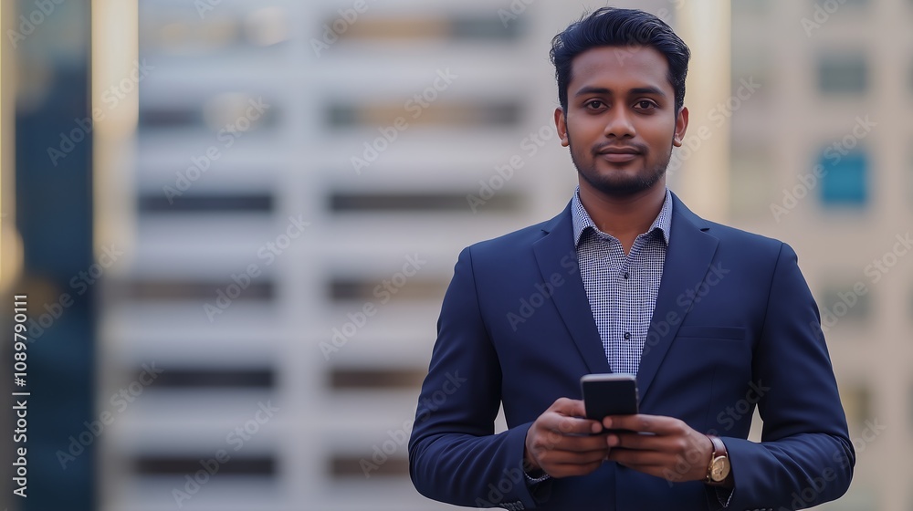 Fototapeta premium Portrait of Sri Lankan handsome businessman with smartphone outdoors in city generative ai