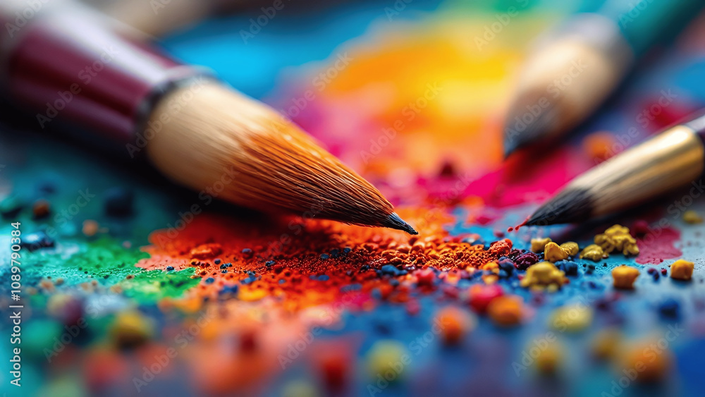 Fototapeta premium Vibrant paintbrushes with colorful pigments representing creativity on a vivid palette.