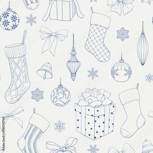 Christmas seamless pattern with gift boxes, toys, bows, socks, bells, snowflakes Blue beige. Hand drawn linear elements.Vintage vector background for design holiday package, gift paper, decor new year