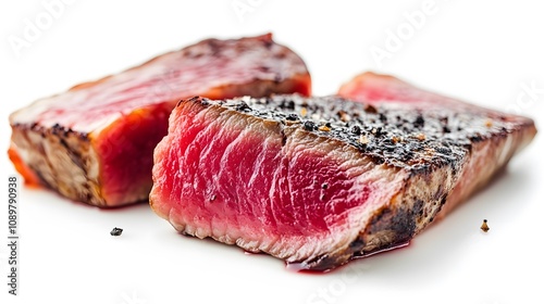 Realistic close-up of seared tuna steak with a rare, deep red center on a white background, showcasing the contrast between the charred exterior