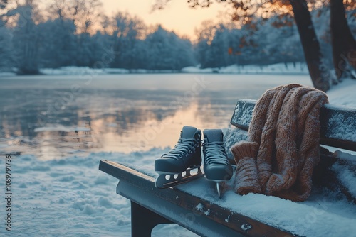 A pair of ice skates resting on a snowy bench next to a scarf and mittens, with a frozen pond and trees in the distance