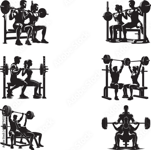  Man and woman Hammer Curls together in the gym black vector silhouette art illustration 