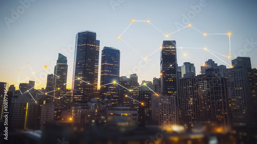Smart digital Innovation Business skyscrapers in the Financial District with connection network reciprocity over the cityscape. of future smart wireless digital city and social media networking
