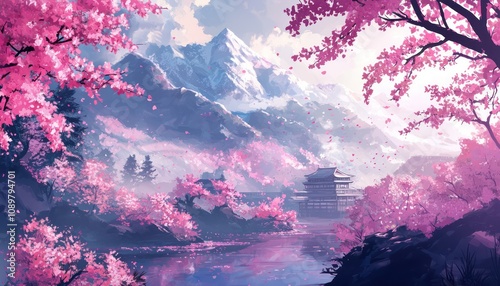 Pink Japanese cherry blossoms vector illustration symbolizing sakura.