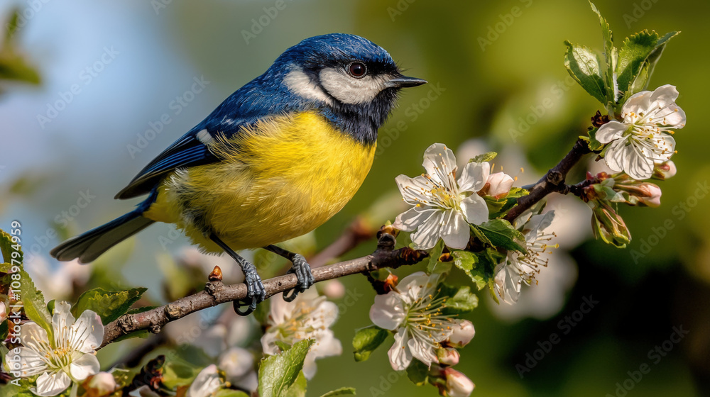Obraz premium Blue and yellow bird perched on a blossoming branch in a serene natural setting Desktop Wallpaper 