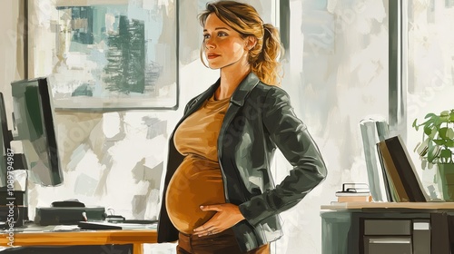 Pregnant Professional: An illustration of a pregnant woman working in a business environment.