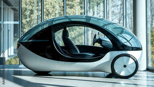 A futuristic, egg-shaped car with a transparent glass dome is displayed indoors amidst natural lighting, creating a snapshot of elegant engineering excellence.