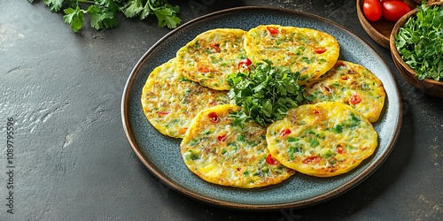 Colorful Plate with Vietnamese Banh Xeo Sizzling Pancakes photo